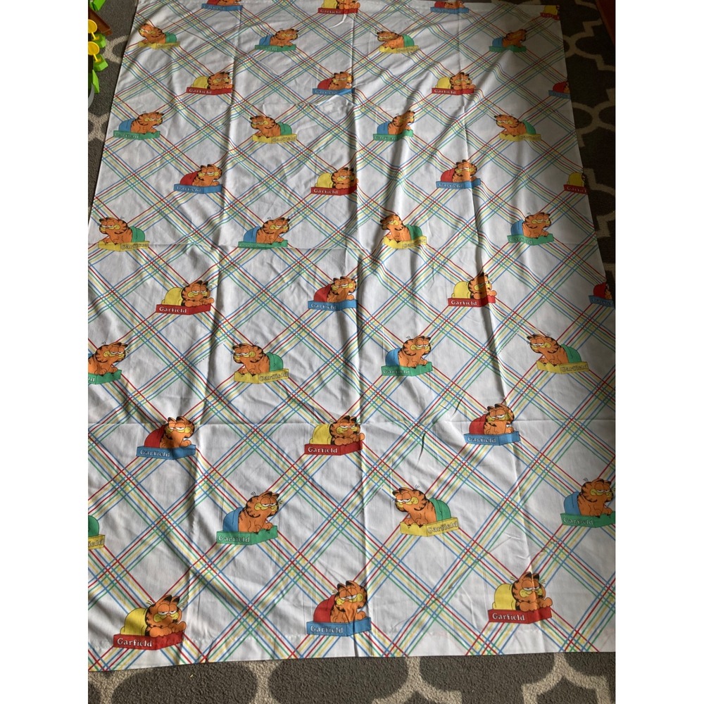 Vintage Garfield Twin Flat & Fitted Sheet Rainbow Plaid Marlborough USA 1980s
